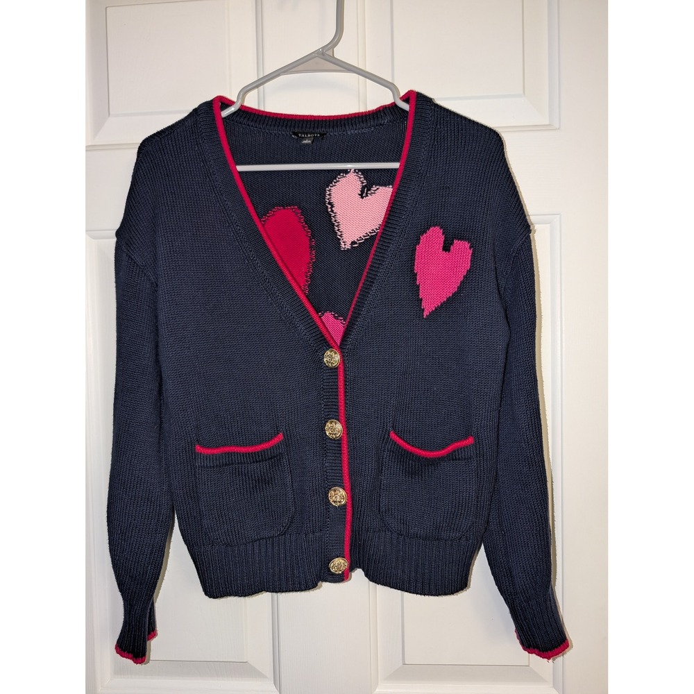 Talbots Heart Cardigan S Navy Pink Red Gold Buttons Whimsical Twee Preppy